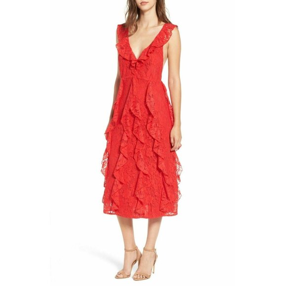 AFRM Women’s Ingrid Red Lace Ruffle Midi Dress Plunge V-Neck Size XS - Picture 12 of 16